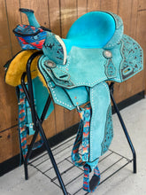 Load image into Gallery viewer, Aztec Serape and Teal 16” Saddle