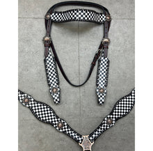 Load image into Gallery viewer, Black and White Checkered Leather Tack Set