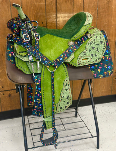 Olive Green and Shrooms 16 Inch Seat Saddle Set