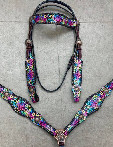 Rainbow Cheetah Leather Tack Set