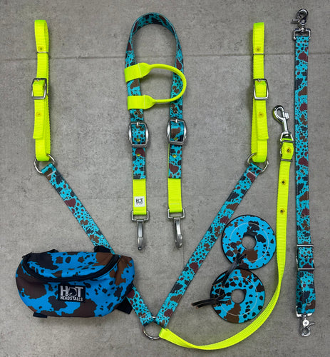 Blue Cowhide and Neon Yellow Tack Set