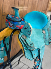 Load image into Gallery viewer, Aztec Serape and Teal 16” Saddle