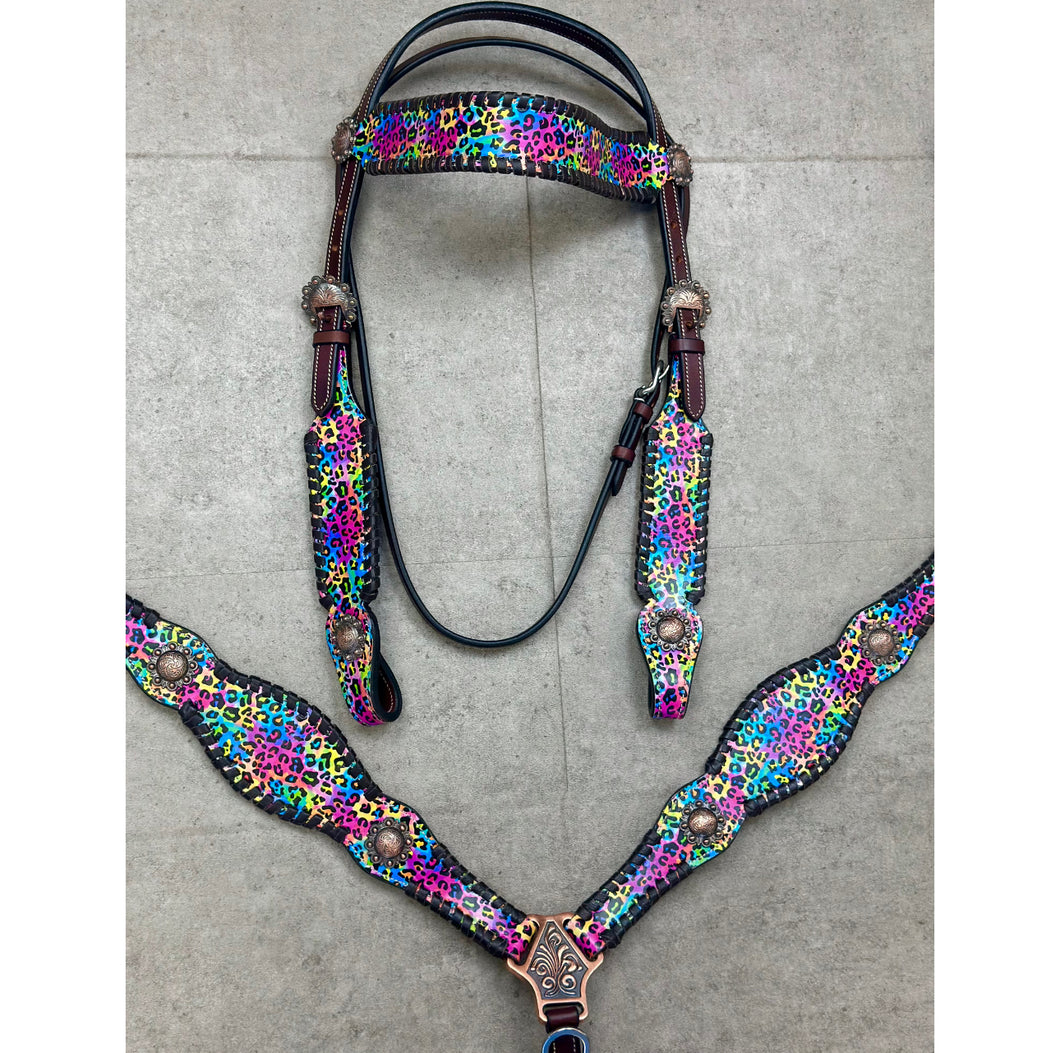 Rainbow Cheetah Leather Tack Set