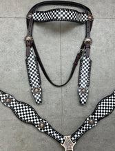 Load image into Gallery viewer, Black and White Checkered Leather Tack Set