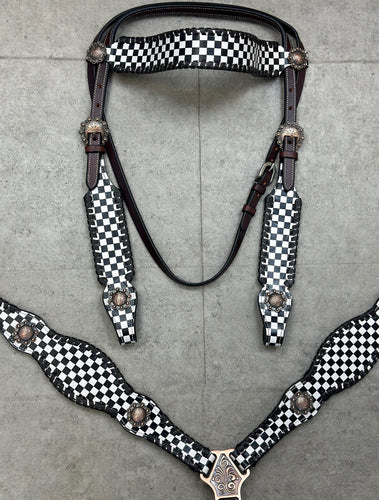 Black and White Checkered Leather Tack Set