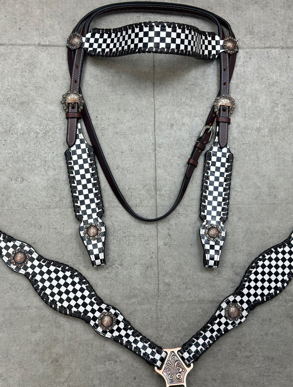 Black and White Checkered Leather Tack Set