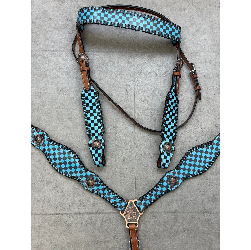 Teal and Black Checkered Leather Tack Set