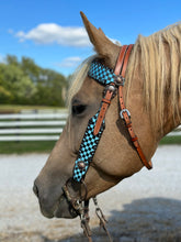 Load image into Gallery viewer, Teal and Black Checkered Leather Tack Set