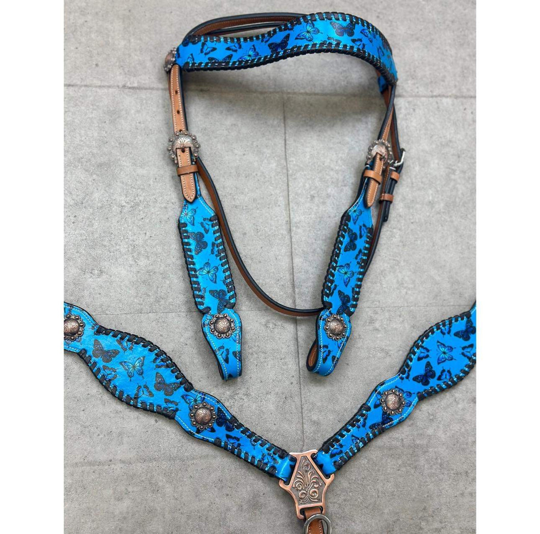 Blue Butterflies Leather Tack Set