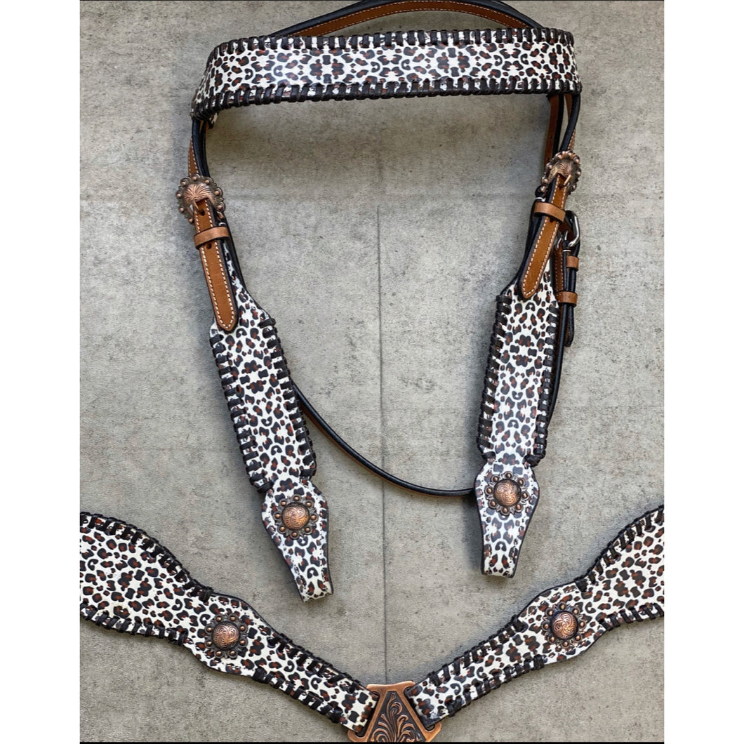 White Cheetah Leather Tack Set